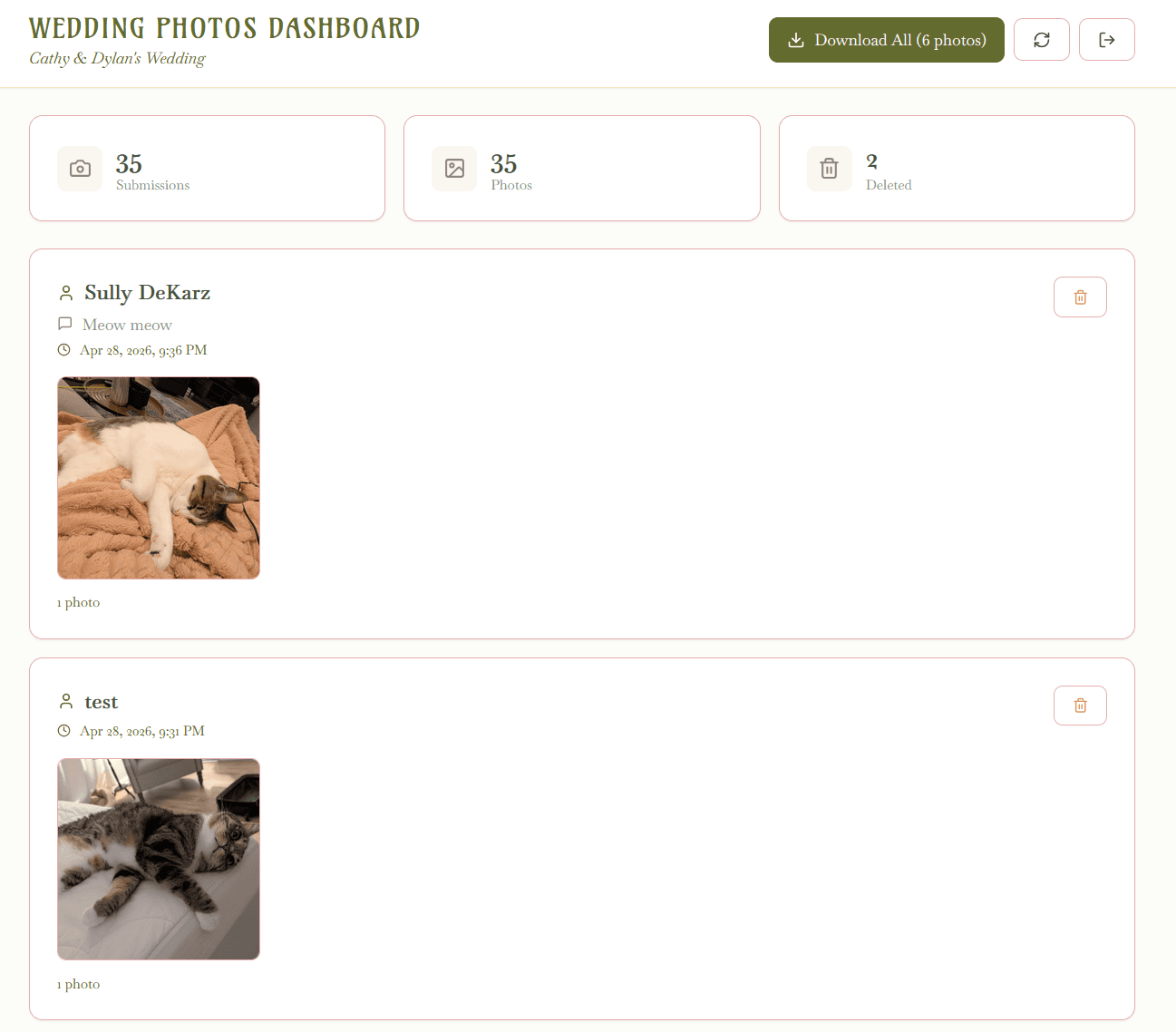 The admin dashboard showing guest submissions and cat photos