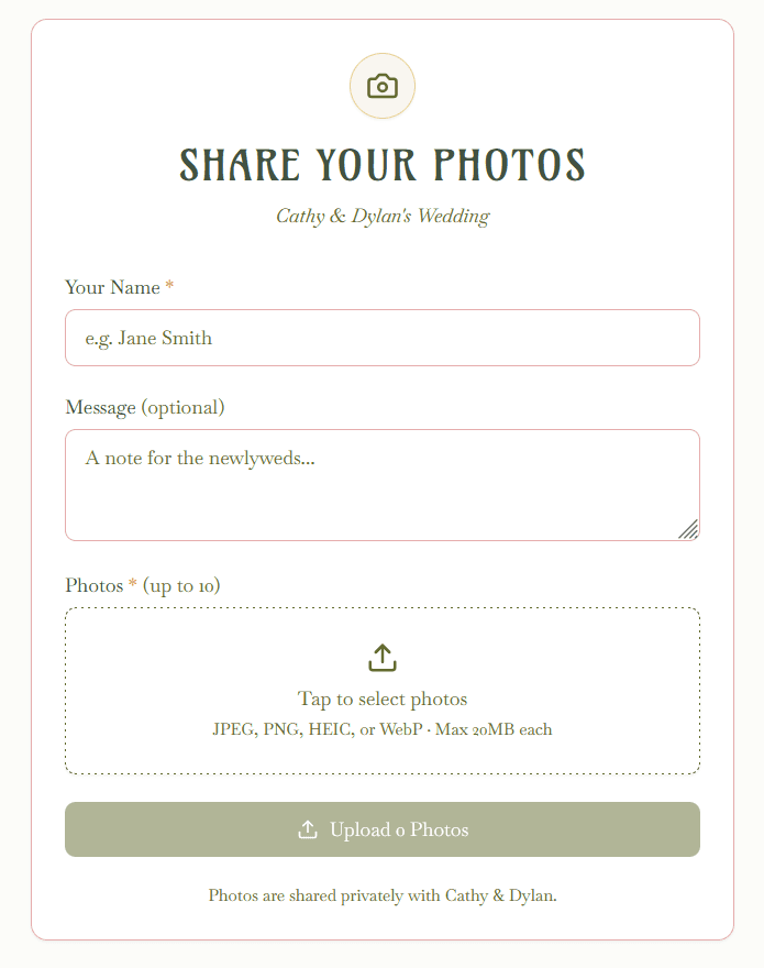 The botanical-inspired upload form for guests