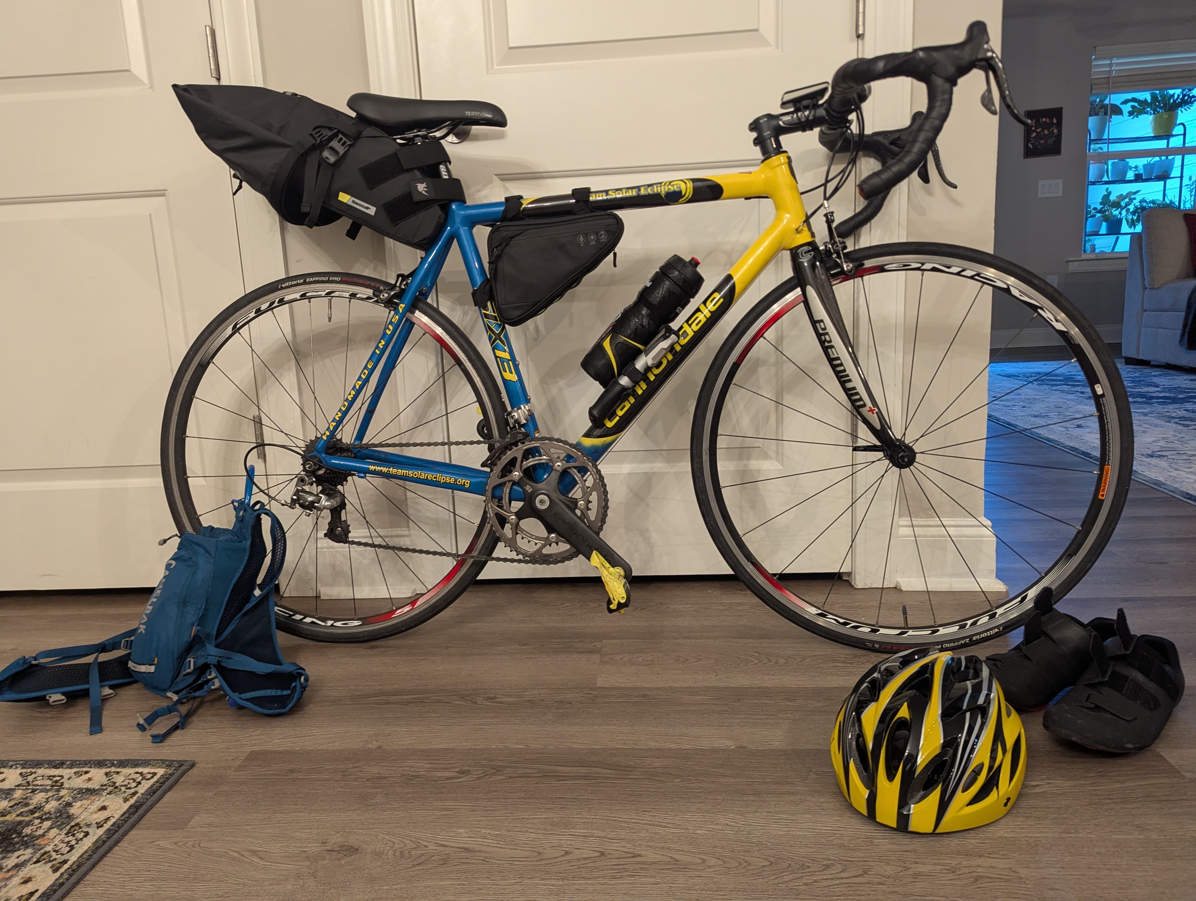 Cannondale Six13 loaded with bags and gear